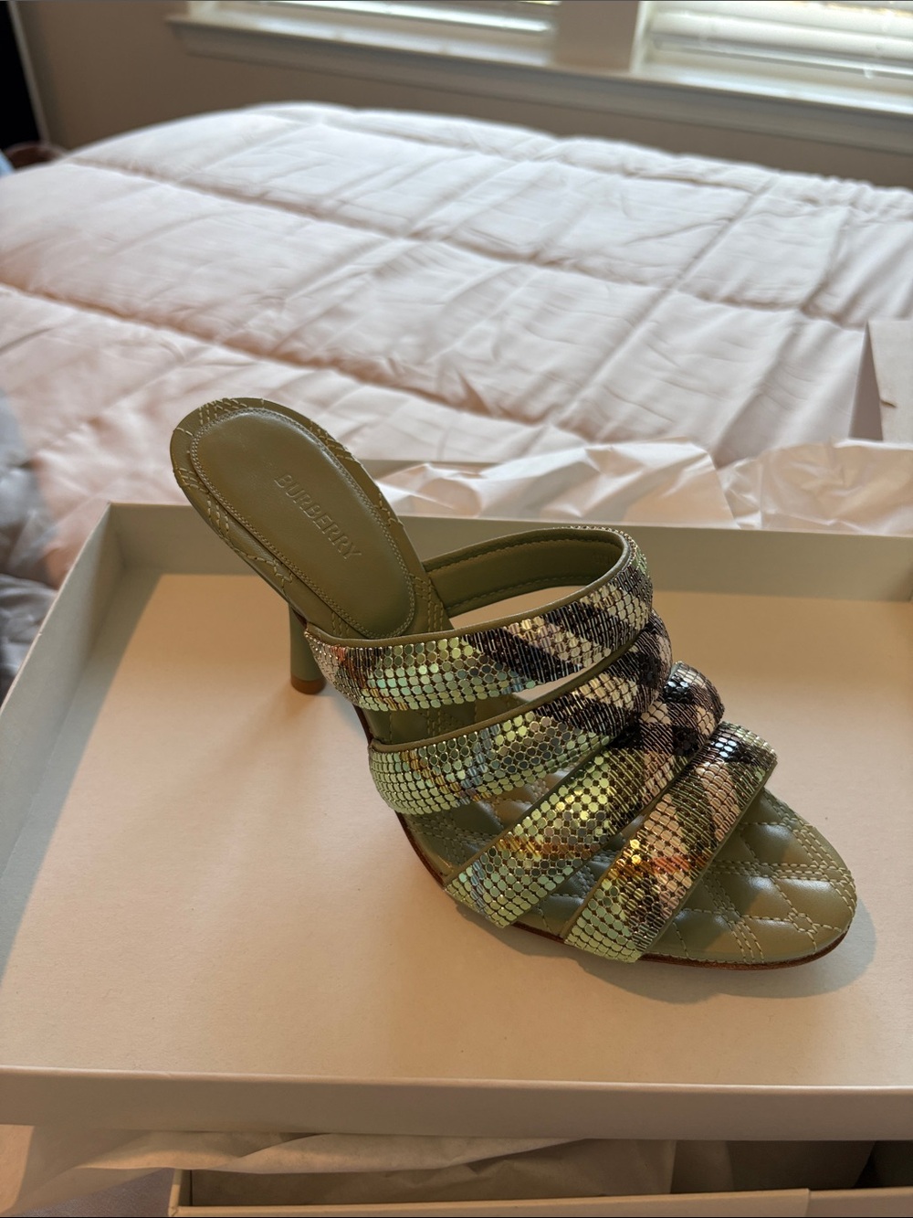 Burberry Olive Green Quilted Slide Heels with Metallic Check Straps